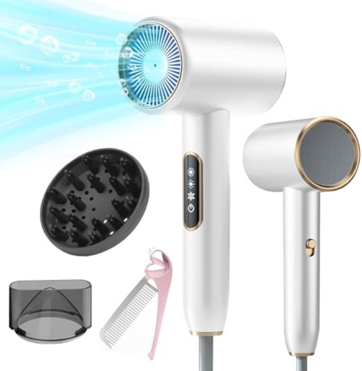 Professionele Haardroger 2400W met Ionen Technologie, LCD Display, 3 Temperatuurstanden, 2 Snelheden, Inclusief Diffuser en Stylingmondstuk, Opvouwbaar - Wit