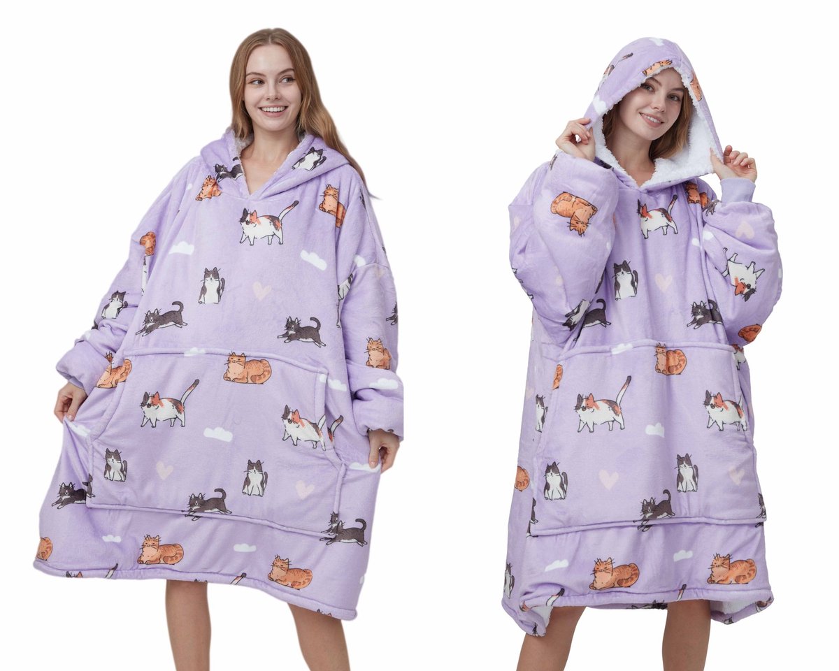 Q-Living Hoodie Deken - Plaid Met Mouwen - Hoodie - Snuggle Hoodie - Fleece Deken Met Mouwen - 1450 gram - Kat - Lila — cadeau in Wonen & Interieur - foto 5