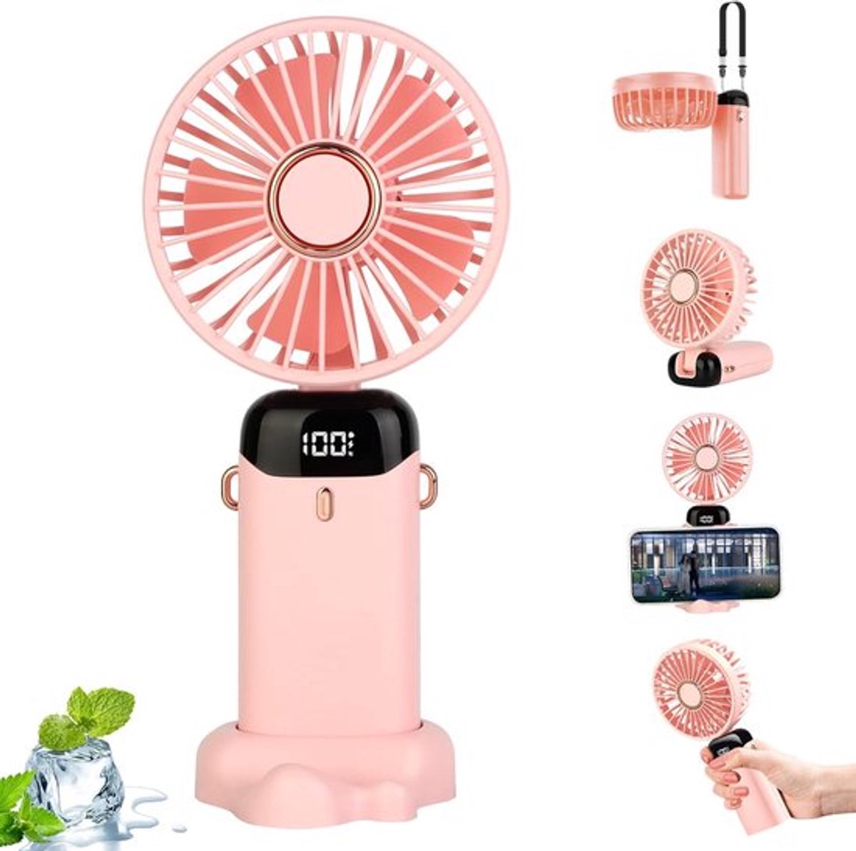 Digitale Mini Ventilator - Oplaadbare Hand + Tafelventilator - Ingebouwde Batterijen - Lichtgewicht, Klein maar Krachtige Handheld - Voor de Ultieme Verkoeling en de Perfecte Reiseditie - Kleur: Roze