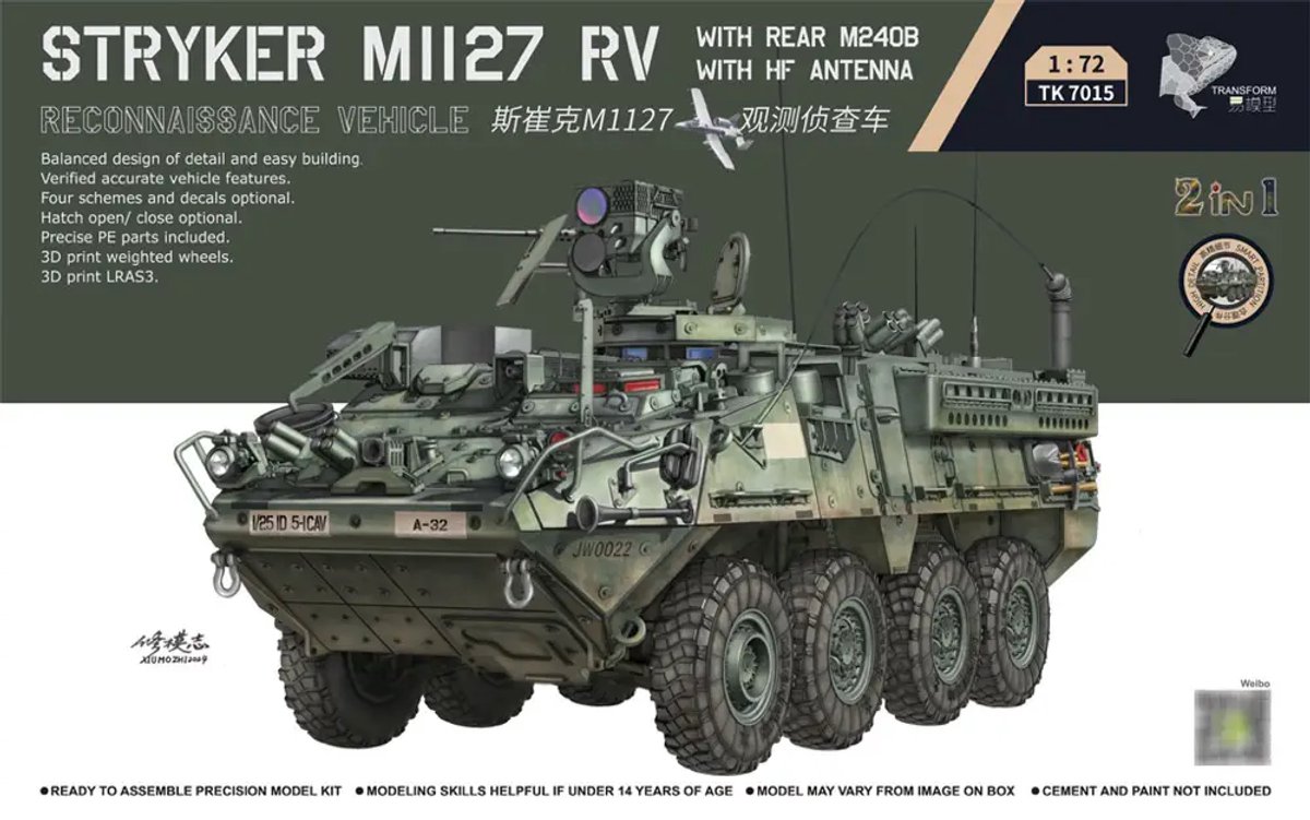 Border Model Modelbouwpakket Militaire voertuigen - TK7015 M1127 Stryker RV met M240B achterop - HF-antenne - Amerikaans Verkenningsvoertuig Plastic - 1:72 - Modelbouw
