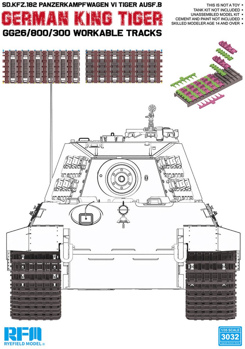 Rye Field Model Modelbouwpakket Militaire voertuigen - 3032 Duitse King Tiger Rupsbanden Gg26/800/300 - Beweegbare Tracks met Aandrijfwielen Plastic - 1:35 - Modelbouw