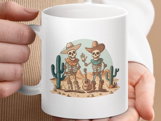 Mok, Skeletten Fiesta Mug, Cactus Mug, Dag van de Doden, Skelet Cowboy Mug, Zonsondergang Woestijn Mug, Mexicaanse Mug, Muziek Mug, Band Mug