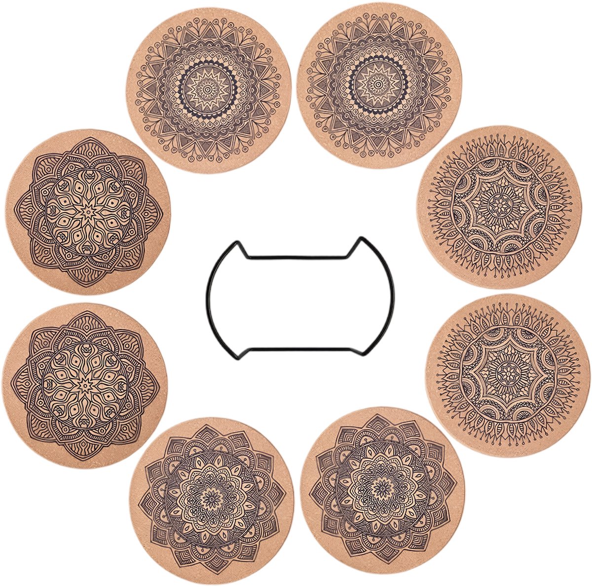 QTTVBTNA - 8 stuks Kurken Onderzetters - Absorberend & Hittebestendig - Mandala Design - Tafelbescherming - Voor Keuken & Woonkamer - Houtkleur - Rond - 14cm