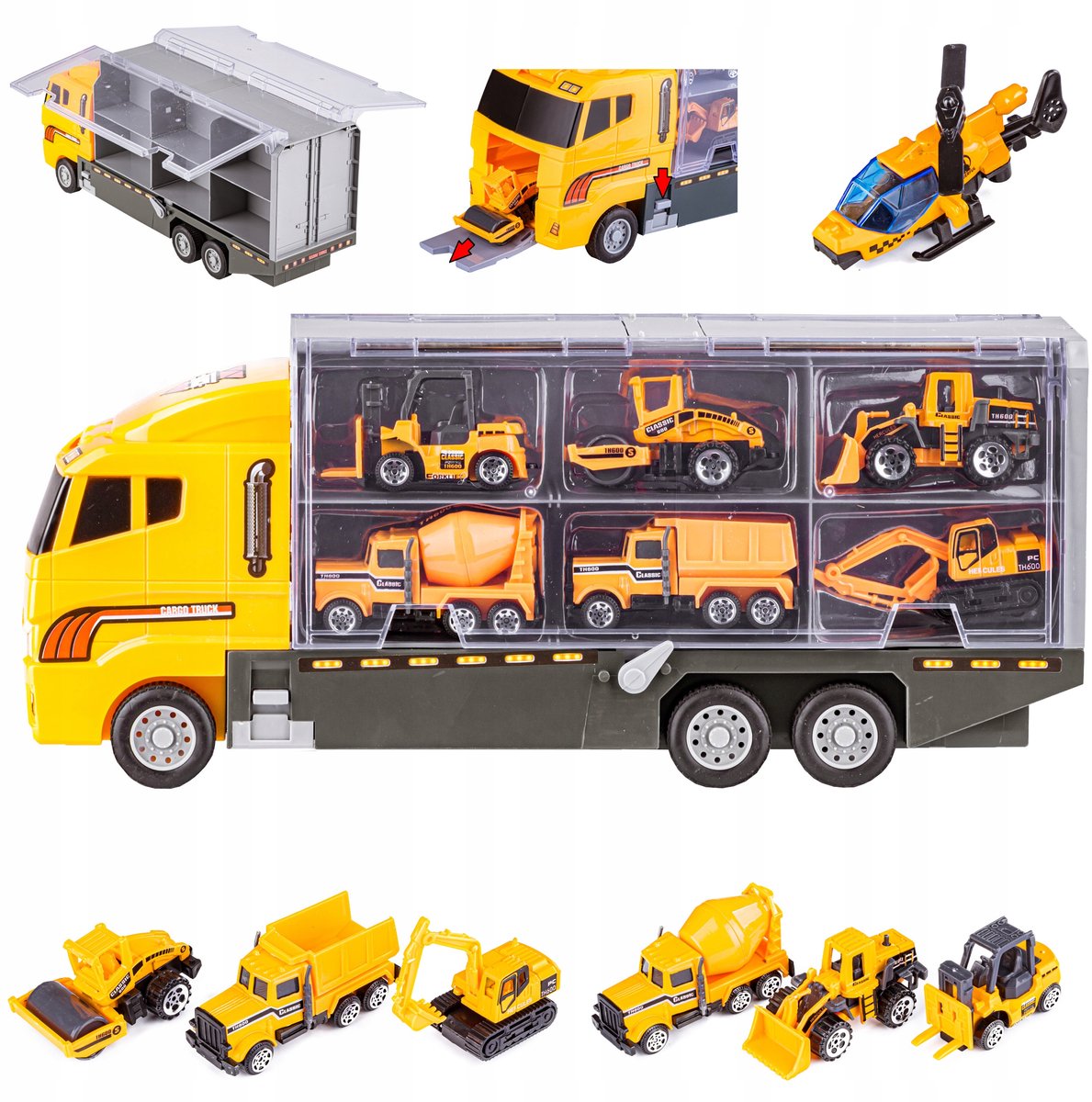 Bouwvoertuigen Set Transporter Vrachtwagen Autohelikopter 12-in-1