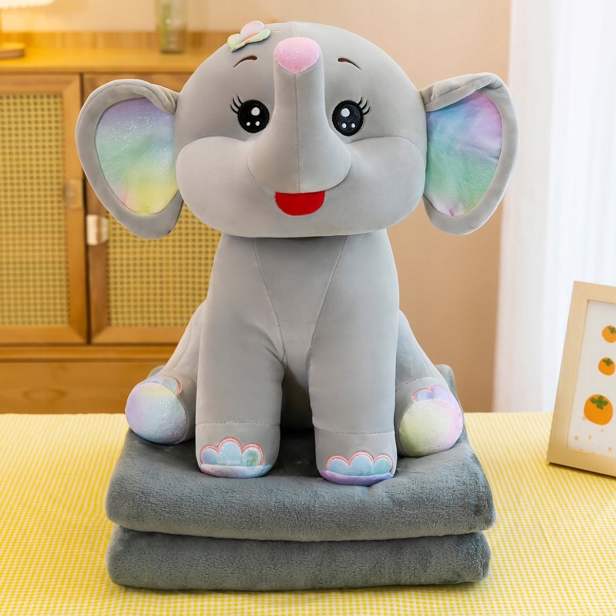 Grote Pluche Olifant Knuffel met Dekentje 3-in-1 - Grijs