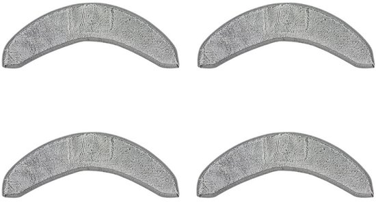 Vier gebogen, grijze dweilpads op een witte achtergrond.