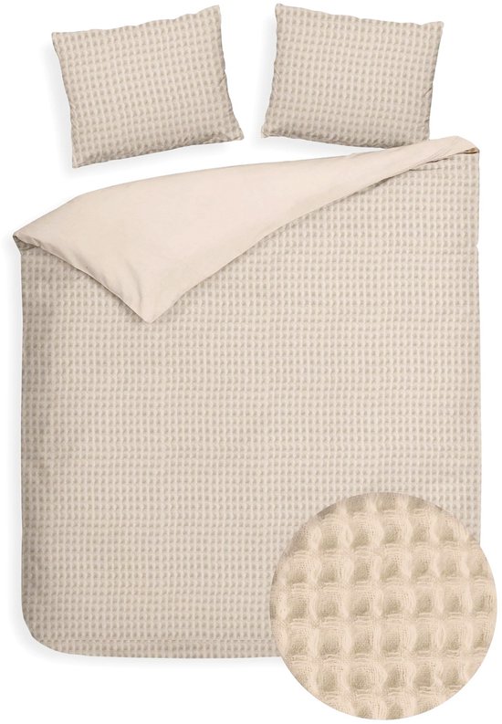 Housse de couette gaufrée – LitaLente Sable – 100 % Katoen – Luxe et respirante – Comprend 2 Taies d'oreiller 60 x 70 cm – Qualité hôtelière – Infroissable et résistante – Convient aux Dekbed de 240 x 220 cm