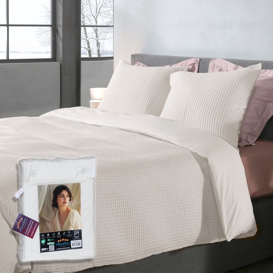 Housse de couette gaufrée – LitaLente Crème – 100 % Katoen – Luxe et respirante – Comprend 2 Taies d'oreiller 60 x 70 cm – Qualité hôtelière – Infroissable et résistante – Convient aux Dekbed de 260 x 220 cm