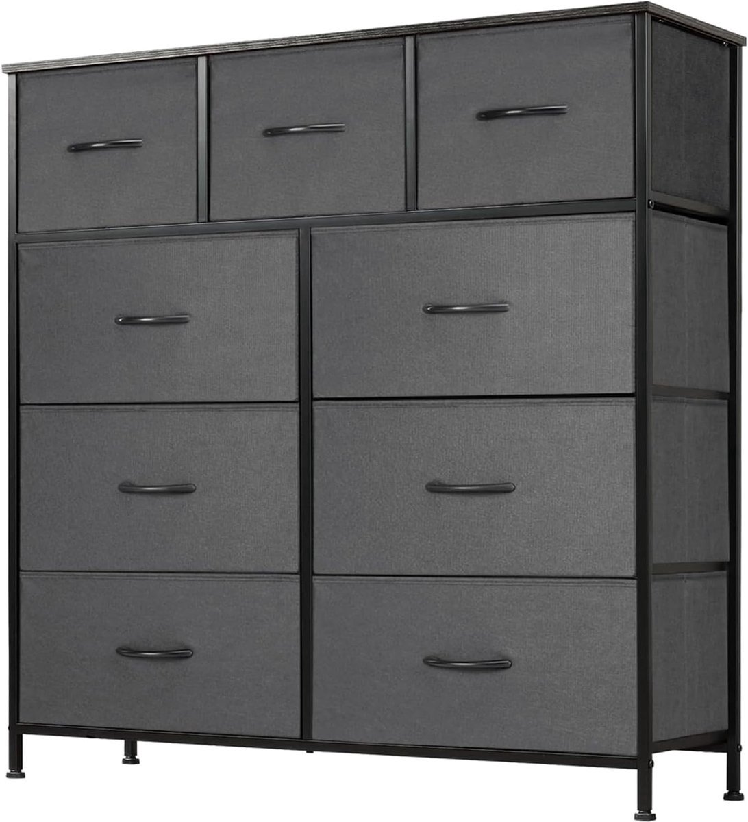 commode voor slaapkamer met 9 stoffen laden, hoge commode, organizer voor kleding, kast, kinderkamer, opbergtoren met kast, metalen frame, houten plaat HMTM-SC-9D-GR