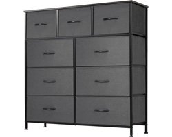 commode voor slaapkamer met 9 stoffen laden, hoge commode, organizer voor kleding, kast, kinderkamer, opbergtoren met kast, metalen frame, houten plaat HMTM-SC-9D-GR