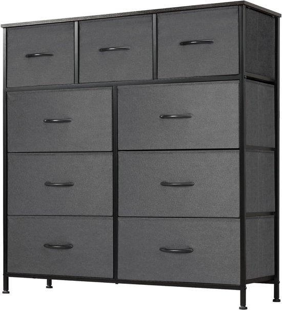 commode voor slaapkamer met 9 stoffen laden, hoge commode, organizer voor kleding, kast, kinderkamer, opbergtoren met kast, metalen frame, houten plaat HMTM-SC-9D-GR