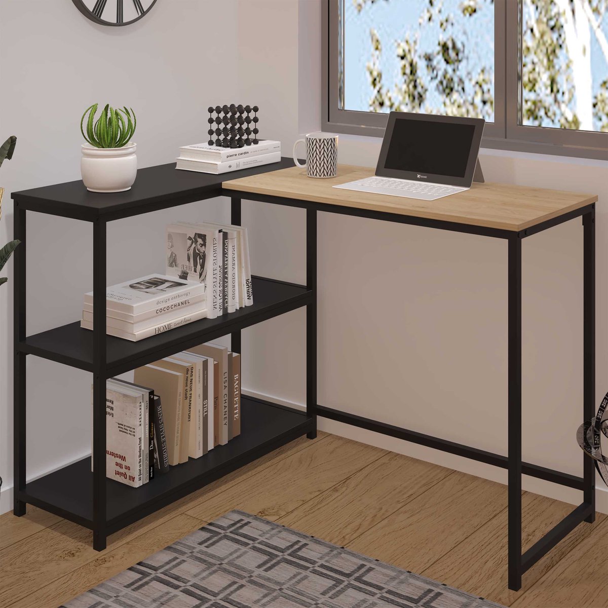 Hoekbureau Schmitt - 110x80x76cm - Met Opbergruimte - Eikdecor/zwart - Emob Exclusive - Hoekbureau - Bruin; Zwart - Metaal; Spaanplaat