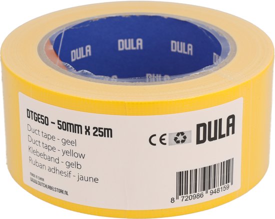 Gele DULA duct tape, 50mm x 25m, met de tekst 'Duct tape - geel'. CE-keurmerk en barcode zichtbaar.