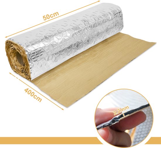 Auto Isolatiefolie 50 x 400 cm x 2 mm - 1 m² Warmtereflecterende Geluidsisolatiemat van Aluminium - Voor Motorkap, Portieren, Autodak, Vloer en Kofferbak — afbeelding 2