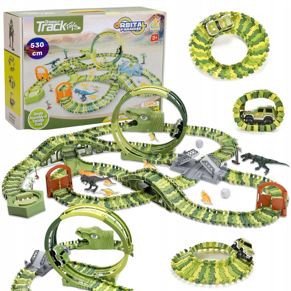 Mega Dino Park Racebaan: 324 Delen, 530cm Spoor, 360° Loop