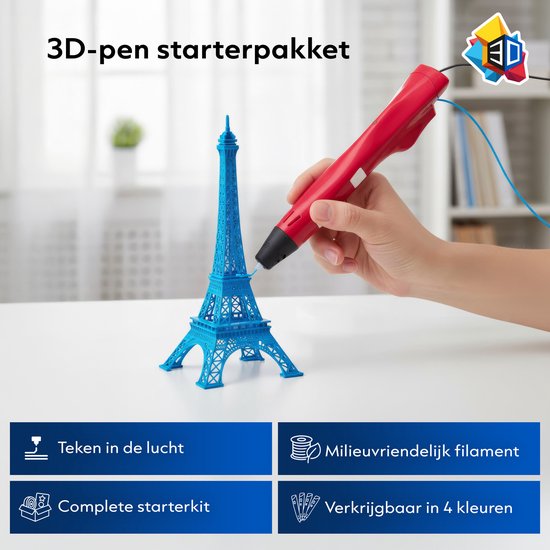 3D&Print 3D Pen Starterspakket XXL - Teken in de Lucht - 5x Sjablonen en 10x PLA Filament van 1.75 mm - Tekenset - Leren Tekenen - DIY Knutselen - Speelgoed - 3D Printer - Cadeau voor Jongens en Meisjes - 3D-Pennen Navullingen - 14+ Jaar - Rood