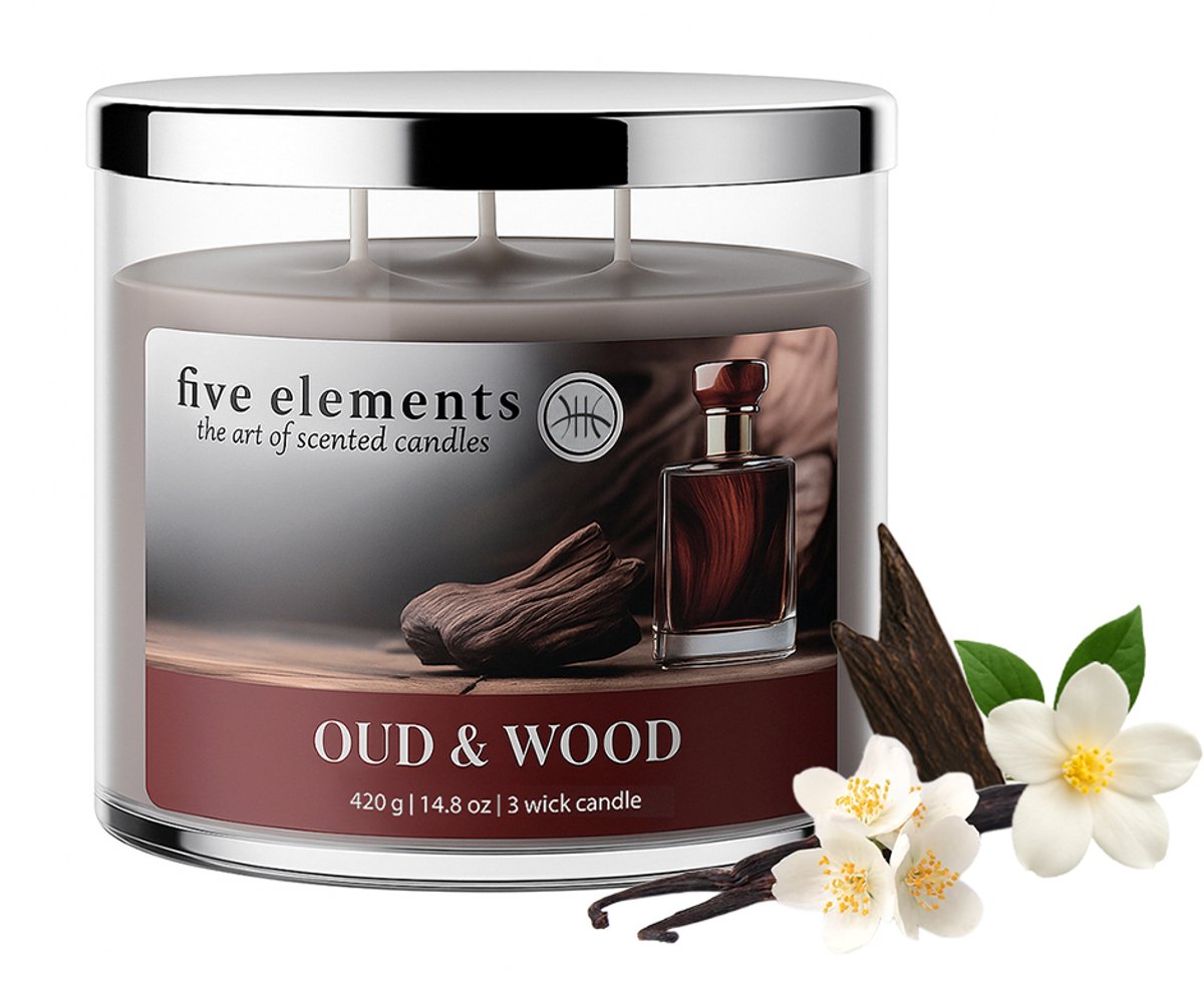 Geurkaars Five Elements Oud & Wood, 420 g, 3 lonten