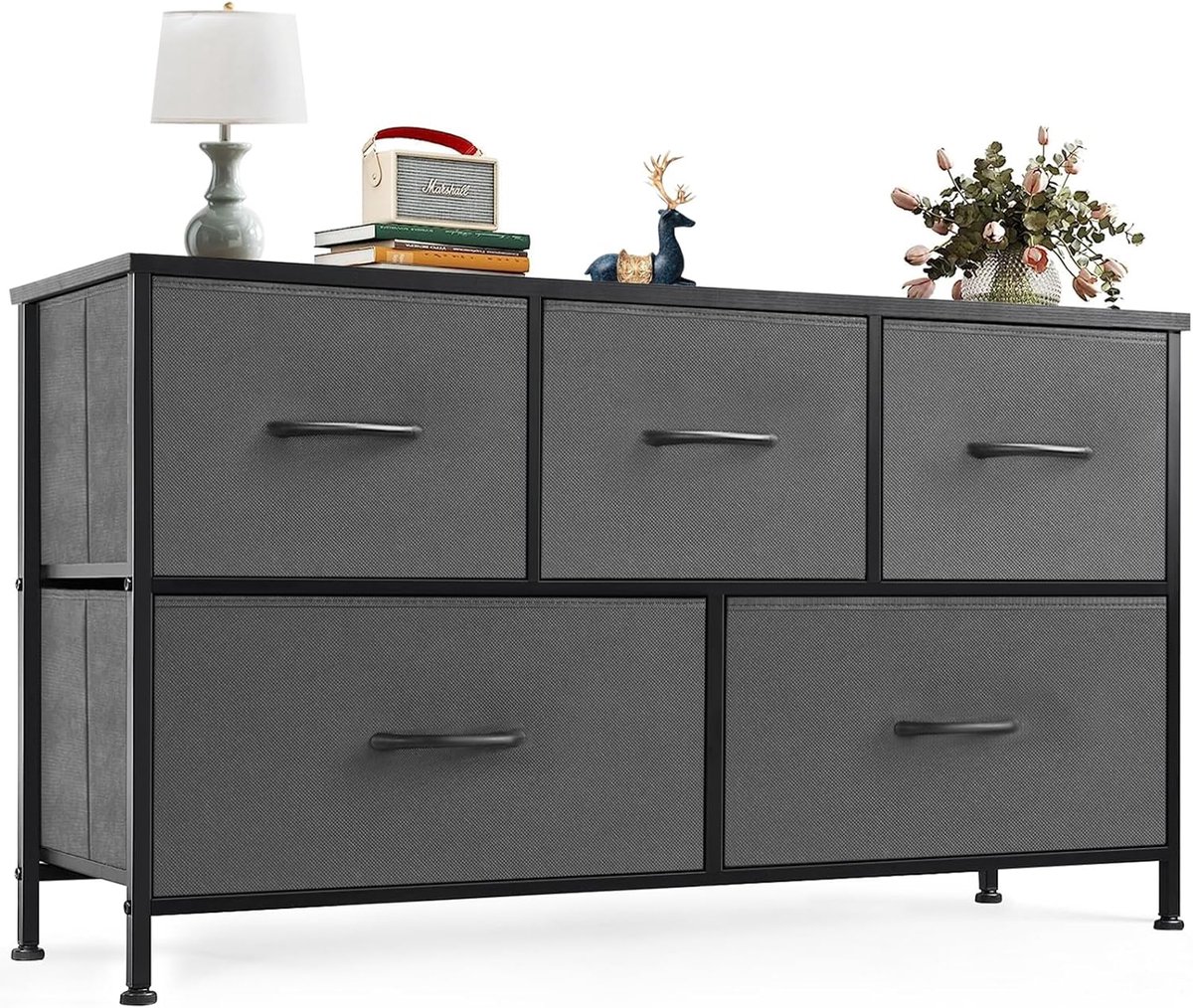Dressoir / Brede Opbergkast met 5 Stoffen Lades (100 × 30 × 53 cm) – Stevig Metalen Frame – MDF Bovenblad – Industrieel Grijs – Ideaal voor Slaapkamer & Woonkamerkinderkamer HMTM-SC-5D-GR
