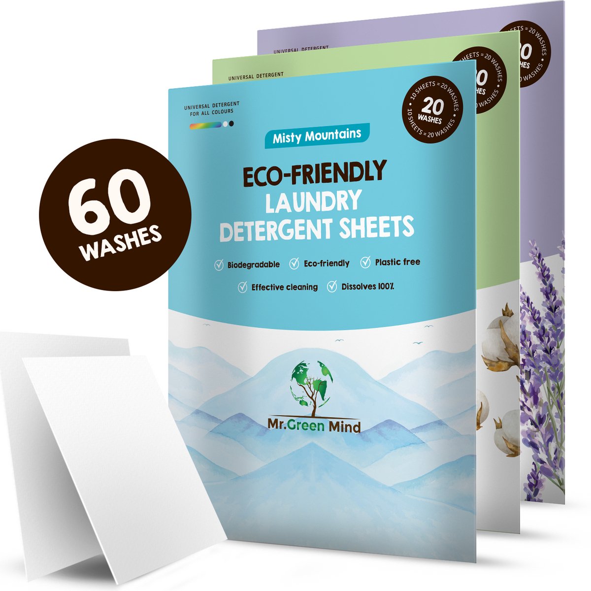 Proefpakket Wasstrips ECO 60 Wasbeurten in 3 Geuren Milieuvriendelijke Wasmiddeldoekjes Wasvellen Wasmiddel Voordeelverpakking incl. wasverzachter wasdoekje