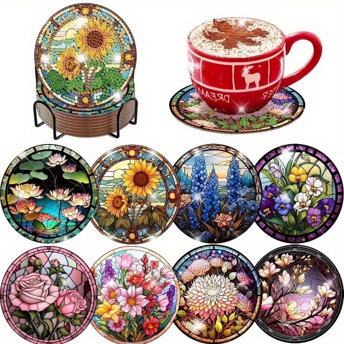VDTOYS® DIAMOND PAINTING voor volwassenen - Onderzetters - Coasters - Onderleggers - Ronde steentjes - 8 stuks - Compleet Hobbypakket - set W Bloemen 2