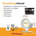 Verpakkingsinhoud: wandlamp, magnetische houder, schroeven, pluggen, 3M plakstrip, handleiding, USB kabel, verlengstuk. Afmetingen.