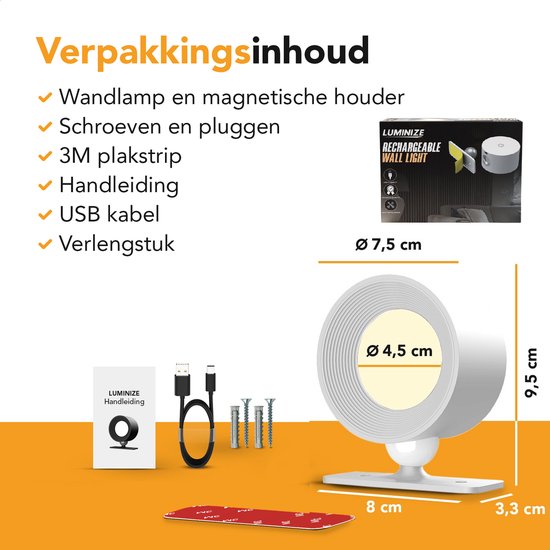 Verpakkingsinhoud: wandlamp, magnetische houder, schroeven, pluggen, 3M plakstrip, handleiding, USB kabel, verlengstuk. Afmetingen.