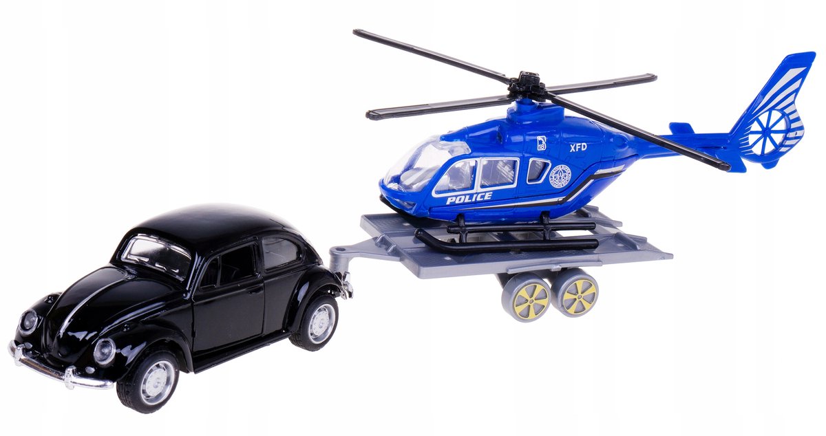 VW Kever Metalen Modelauto met Helikopter & Aanhanger - Zwart