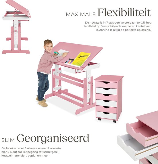 COSTWAY Bureau voor kinderen met stoel, kinderbureau in hoogte verstelbaar met kantelbaar tafelblad, jeugdbureau met lade en boekenstandaard voor schoolbeginners vanaf 3 jaar (roze