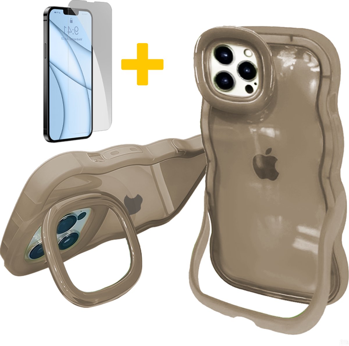 Hoesje voor iPhone 16 Pro, Dubbele Standaards Case, Wavy TPU Hose met Golfrand, Schattige Schokbestendige Hose voor Vrouwen-Transparant Design, Zwart, Bruin - Screenprotector