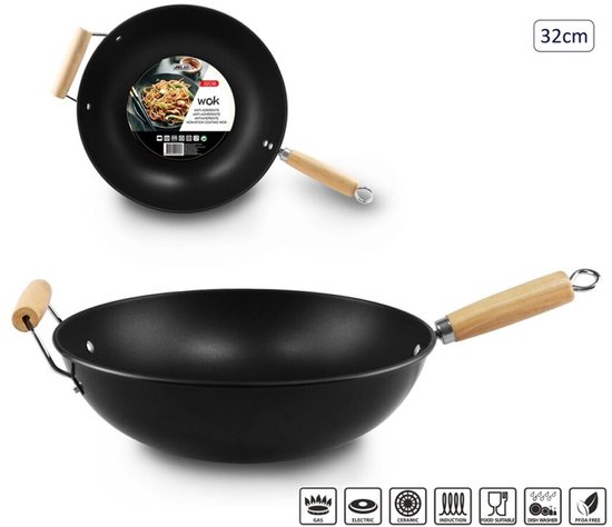 Poêle wok – (32 cm) – Acier Zwart avec manche en bois – Convient pour gaz, induction et électrique – Sans PFAS – Poêle à sauter