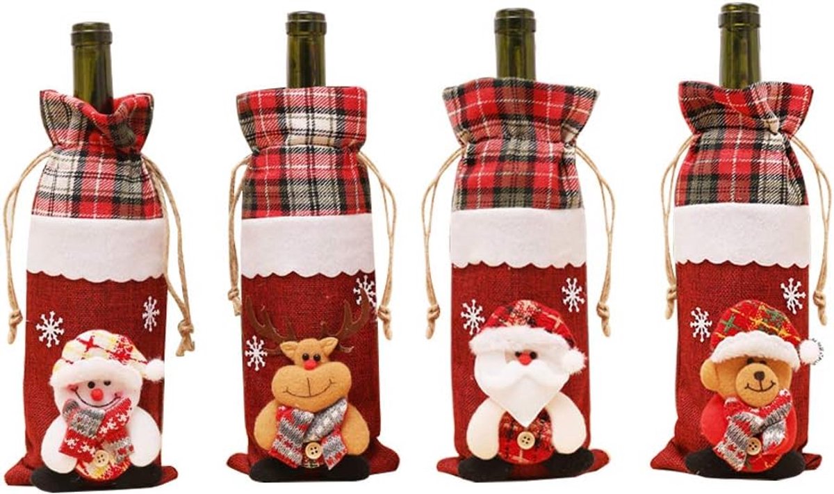 Kerstwijnfleshoes 4 stuks Rode wijnzakken voor aankleding Herbruikbare kerstversiering wijnfles Wijncadeauzakken voor thuis Dinerfeestdecoratie Tafeldecoratie