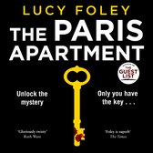 Boek 'The Paris Apartment' van Lucy Foley. Zwarte cover met grote witte letters, een gouden sleutel met bloedvlekken en citaten.