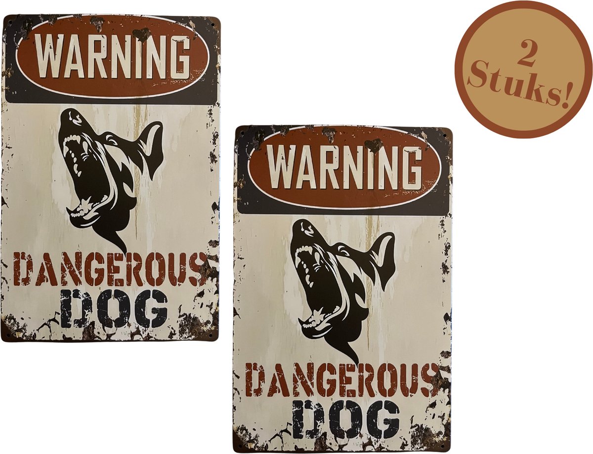 Homeson Wandbord Dangerous Dog - Gevaarlijke Hond - Beware of the dog - Pas op voor de hond - Hier waak ik - Waakbord - 2 Stuks - Dubbelpack