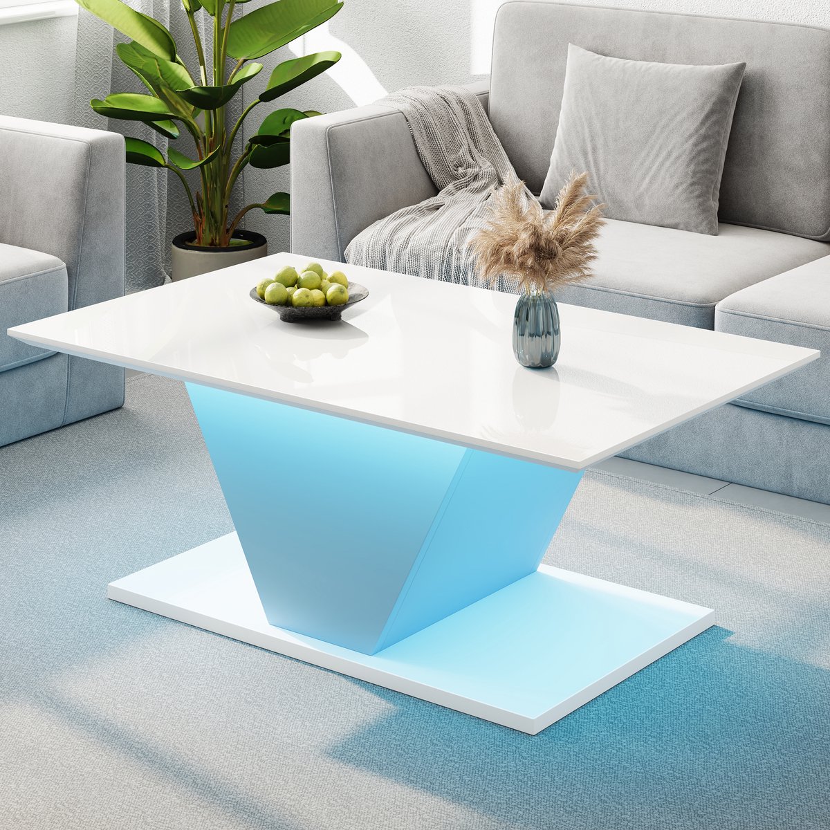 HAUSS SPOLE Salontafels Koffietafel - V-vormige Salontafel met LED en Hoogglans - 100x50x46 cm - Spaanplaat - Wit