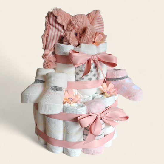 Luiertaart Roze met Happy Horse Olifant Emily – 26 Pampers maat 2 – 4 paar babysokjes – Kraamcadeau meisje — afbeelding 4