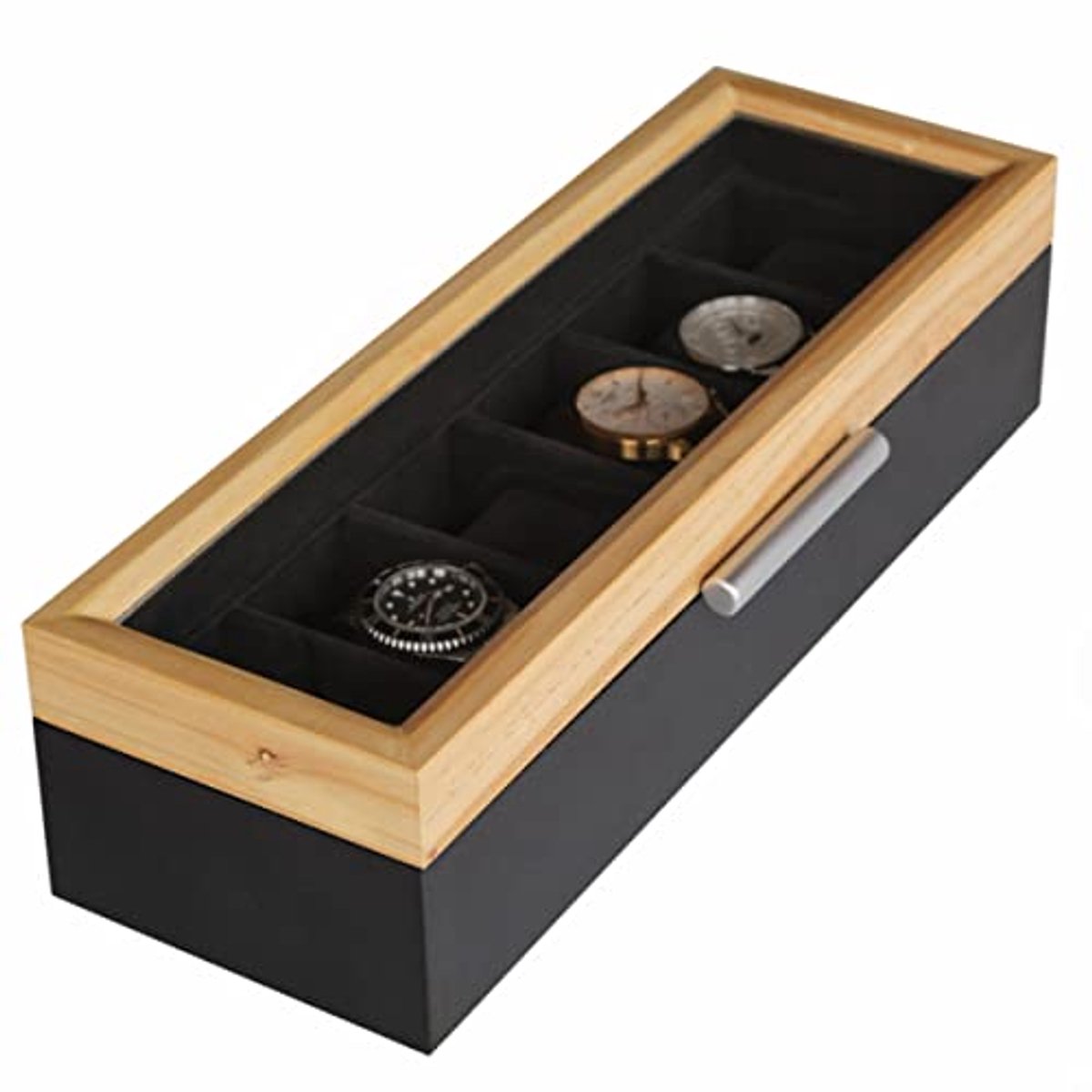 Horlogedoos voor 6 Horloges met Echt Glas - Tweekleurig Hout en Modern Ontwerp