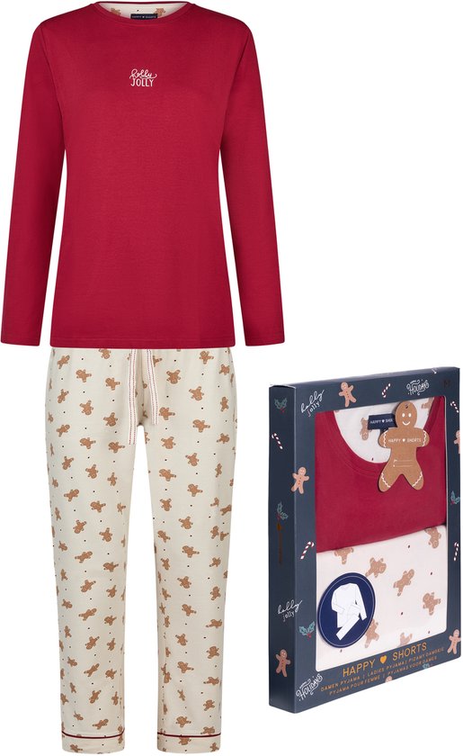Happy Shorts Dames Kerst Pyjama Set Shirt + Broek Giftbox Rood/Off-White Gingerbread - Maat L