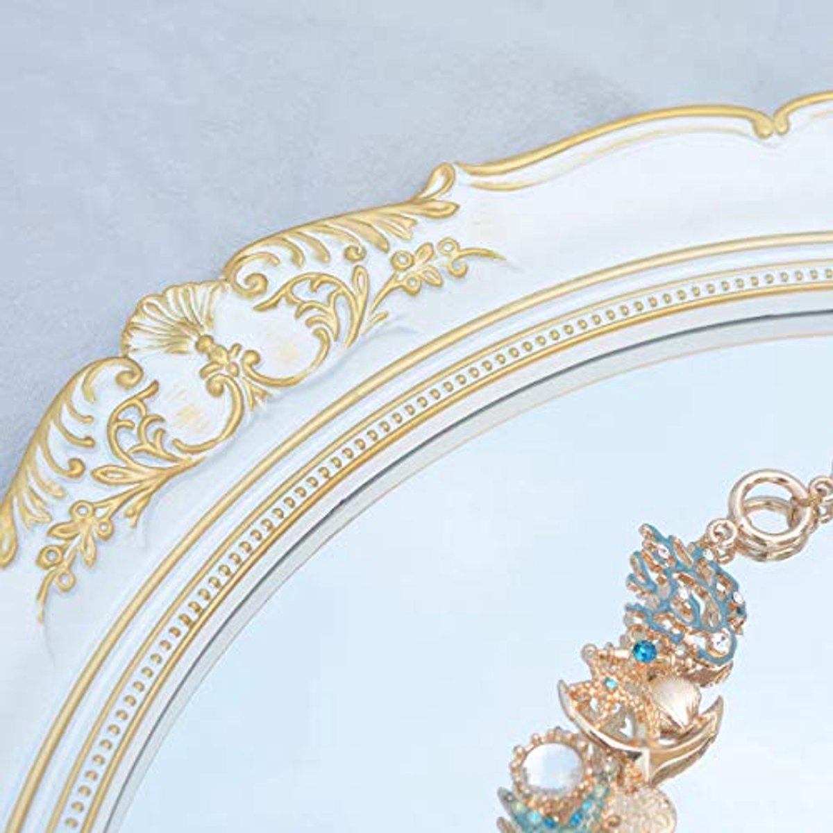 Ovalen Vintage Decoratieve Muur Spiegel - Cosmetica en Sieraden Organizer Lade (15"x13,4") - Wit