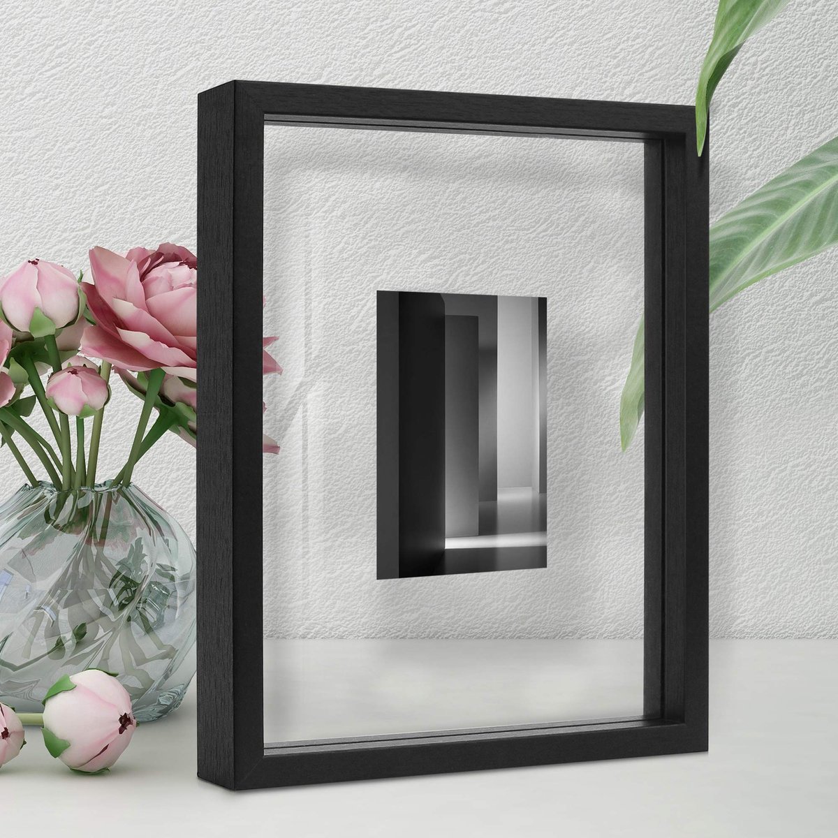 Ibenzoa Stijlvolle zwevende fotolijst in zwart hout met dubbel glas voor elk interieur