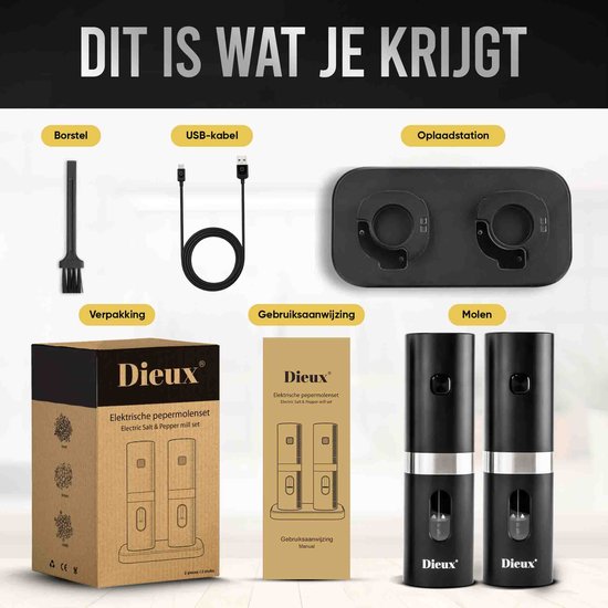 Een set van twee zwarte elektrische peper- en zoutmolens met zilveren ring, een opladen station, USB-kabel, borstel en verpakking met een afbeelding van de molens.
