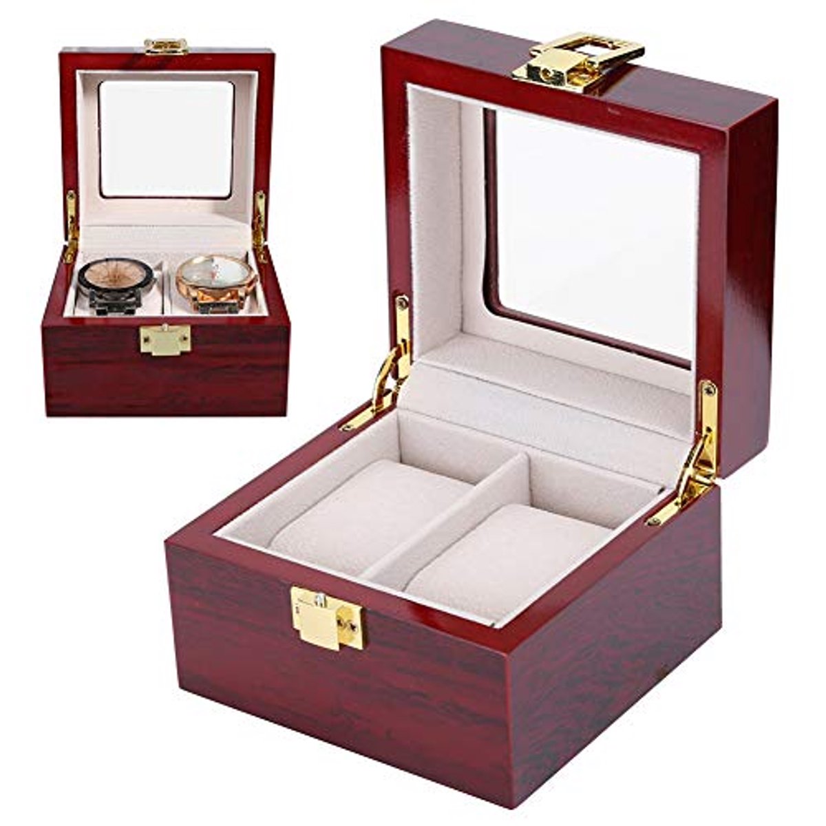 Elegante Horlogebox voor 2 Horloges met Glazen Deksel en Afneembare Kussens