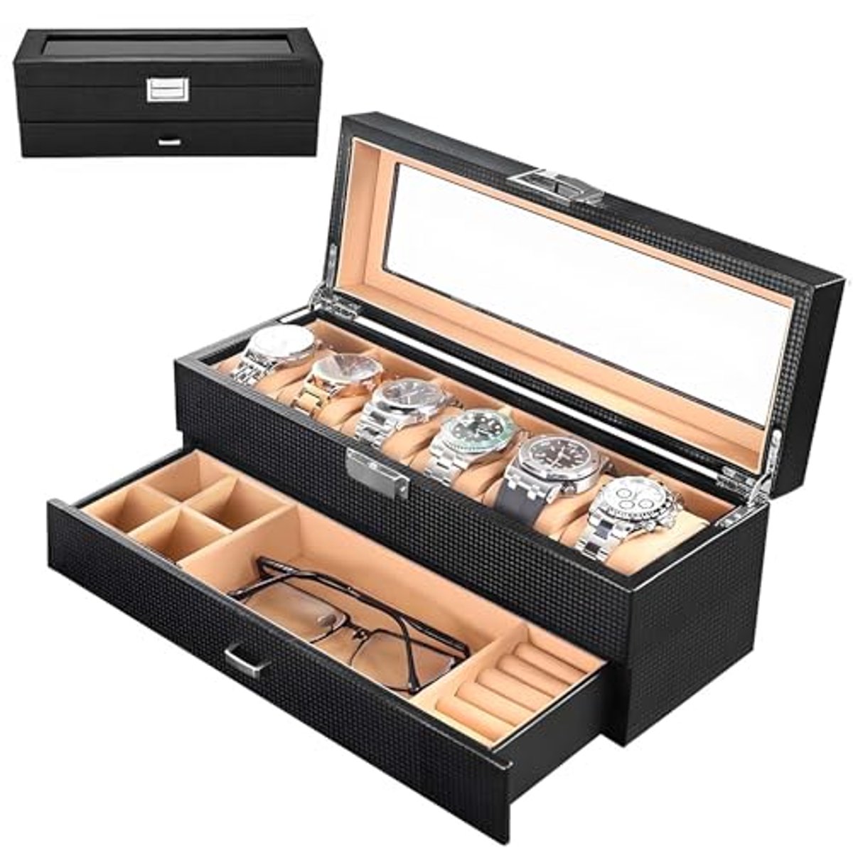 Horlogedoos met 6 vakken - Dubbellaags Sieradenopberghouder en Zonnebrillen Organiser met Doorzichtig Glas