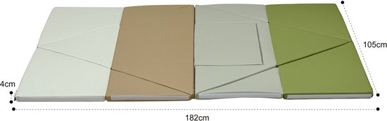 Uitgevouwen foam mat, 182x105cm, met afmetingen en beige, wit, lichtgroene vlakken.