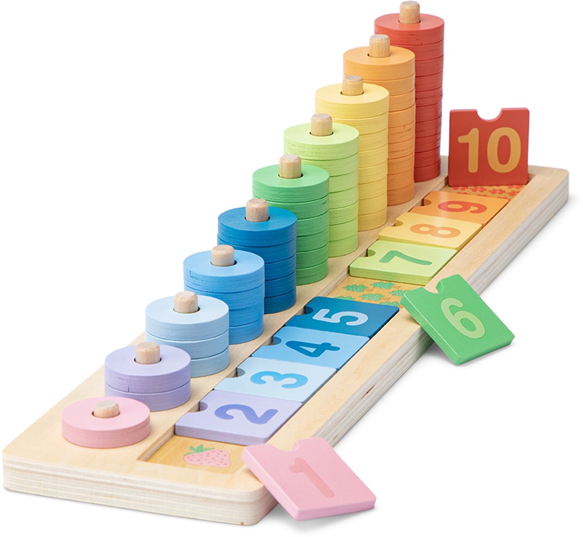 Woet® Houten Tel- en Stapelspel voor Kinderen - Leer Tellen en Sorteren - Educatief Rekenspel 1 t/m 10 met Kleuren, Cijfers en Ringen - Montessori Speelgoed - Vanaf 3 Jaar