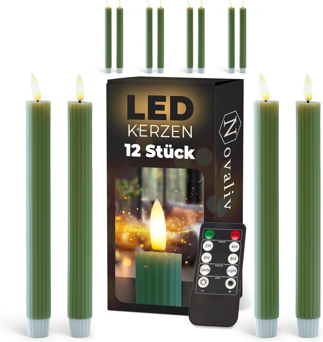 LED-kaarsen met timer groen 12 stuks voor binnen - 6 uur - ECHTE WAS geribbeld 23 cm hoog voor kaarsen 2,2 cm diameter 2 AAA-batterijen vereist LED-kaarsen set van 2 (drie keer) bewegende vlam