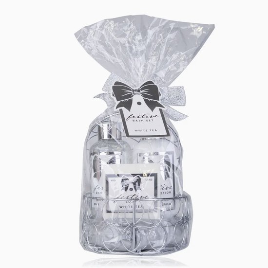 Badset FEESTELIJK in ronde draadmand, incl. 80ml douchegel, 80ml bodylotion, 40g zeep
