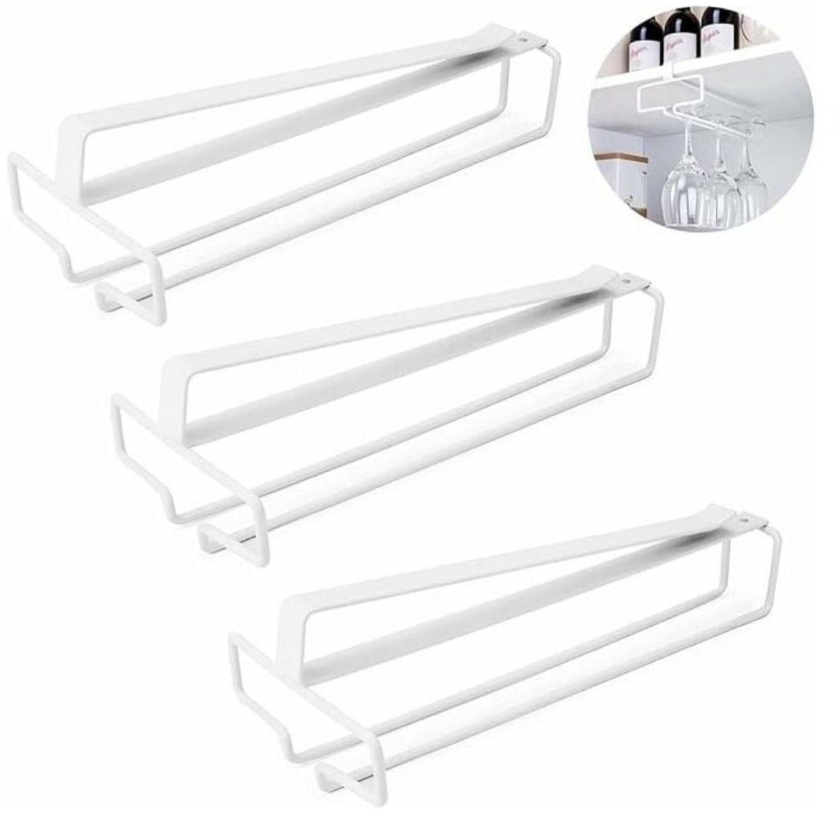 EXCITAT Wijnglasrek - Hangend wijnglasrek - Wijnglasrek onder de kast - Geen boren nodig - Geschikt voor keukens, koffiebars en eetkamers - Set van 3 stuks - Wit