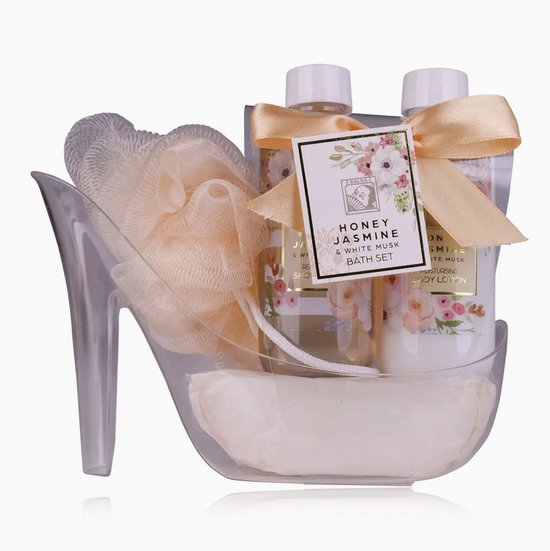Geschenkset HONEY JASMINE, Verzorgingsset, badset in plastic schoen, incl. 160ml douchegel, 160ml bodylotion, 15g net-spons, geur: Honey Jasmine & White Musk