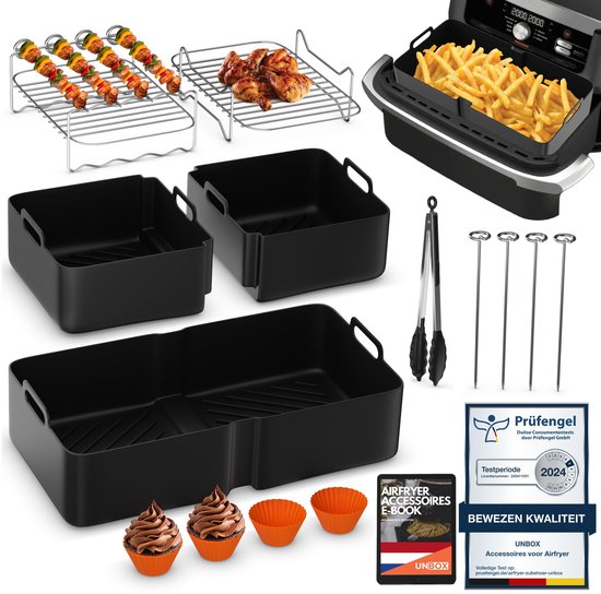 UNBOX Airfryer Accessoires Set - Geschikt voor Ninja Foodi Flexdrawer AF500EU - Cosori Twinfry Dubbele Airfryer XXL - 15-delige Heteluchtfriteuse Accessoireset met 1×10,4L & 2×5,2L - Incl. Siliconenvorm, E-receptenboek, BPA vrij