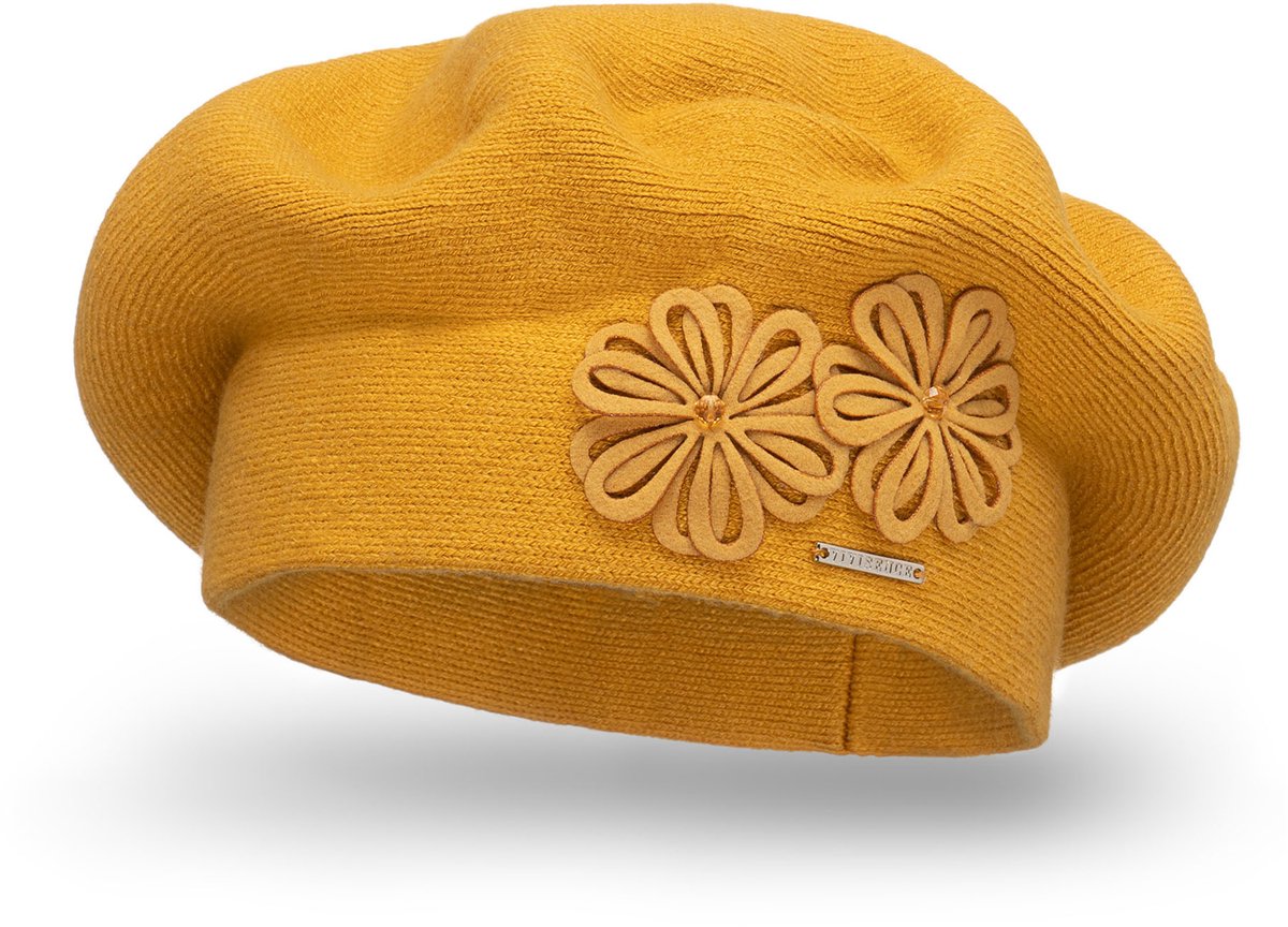 Vivisence Dames Baret - Zachte Wolmix Met Viscose Klassiek Model Met Bloemen Applicatie Rekbaar En Aansluitend - Warme Bescherming Voor Koele Dagen Comfort Voor Dagelijks Draagplezier En Cadeau - Honing